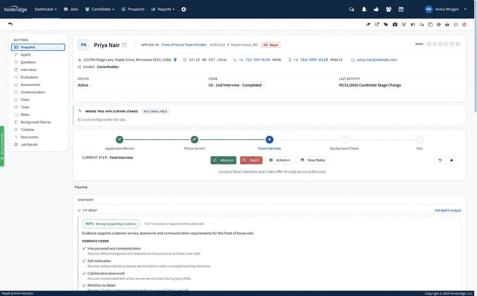 Illustrative candidate Priya Nair with contact details, interview workflow and AppFit supporting evidence